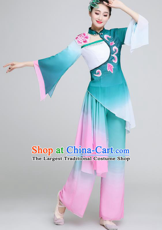 Chinese Traditional Classical Dance Fan Dance Green Outfits Umbrella Dance Stage Performance Costume for Women