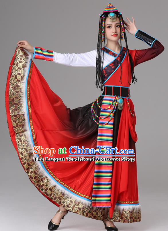 Chinese Traditional Zang Nationality Red Dress Tibetan Ethnic Folk Dance Costume for Women