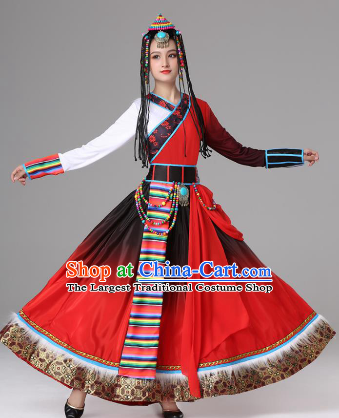 Chinese Traditional Zang Nationality Red Dress Tibetan Ethnic Folk Dance Costume for Women