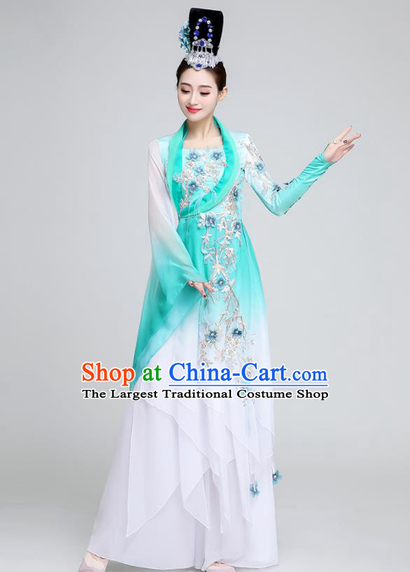 Chinese Traditional Classical Dance Fan Dance Green Dress Umbrella Dance Stage Performance Costume for Women