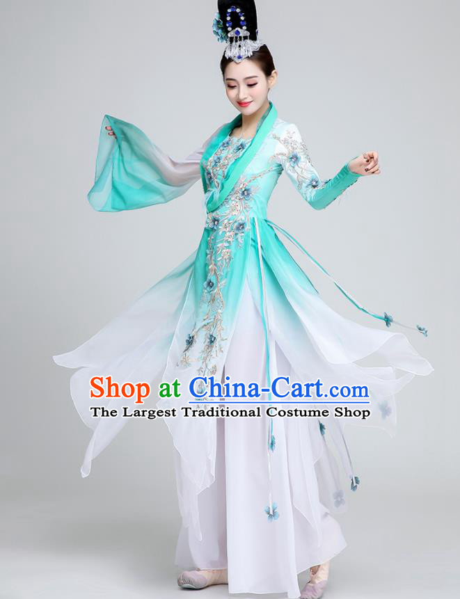 Chinese Traditional Classical Dance Fan Dance Green Dress Umbrella Dance Stage Performance Costume for Women