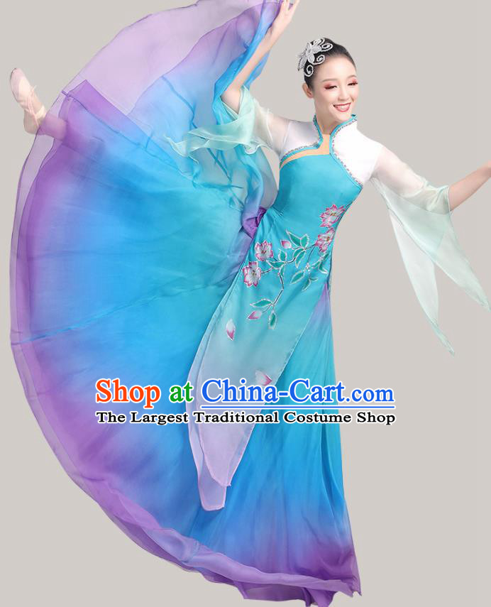 Chinese Traditional Umbrella Dance Fan Dance Blue Dress Classical Dance Stage Performance Costume for Women