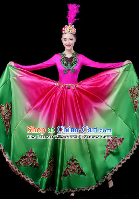 Chinese Traditional Xinjiang Uyghur Nationality Green Dress Ethnic Folk Dance Costume for Women