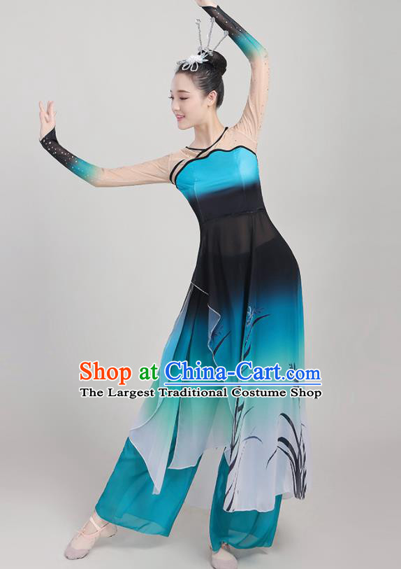 Chinese Traditional Yangko Dance Fan Dance Blue Outfits Folk Dance Stage Performance Costume for Women