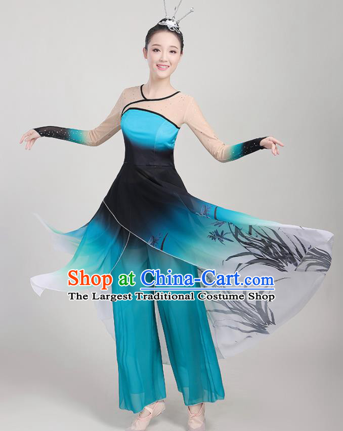 Chinese Traditional Yangko Dance Fan Dance Blue Outfits Folk Dance Stage Performance Costume for Women