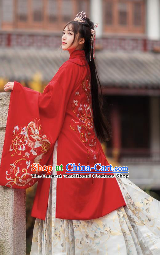 Chinese Traditional Ming Dynasty Princess Wedding Red Brocade Blouse and Skirt Ancient Palace Lady Costumes for Women