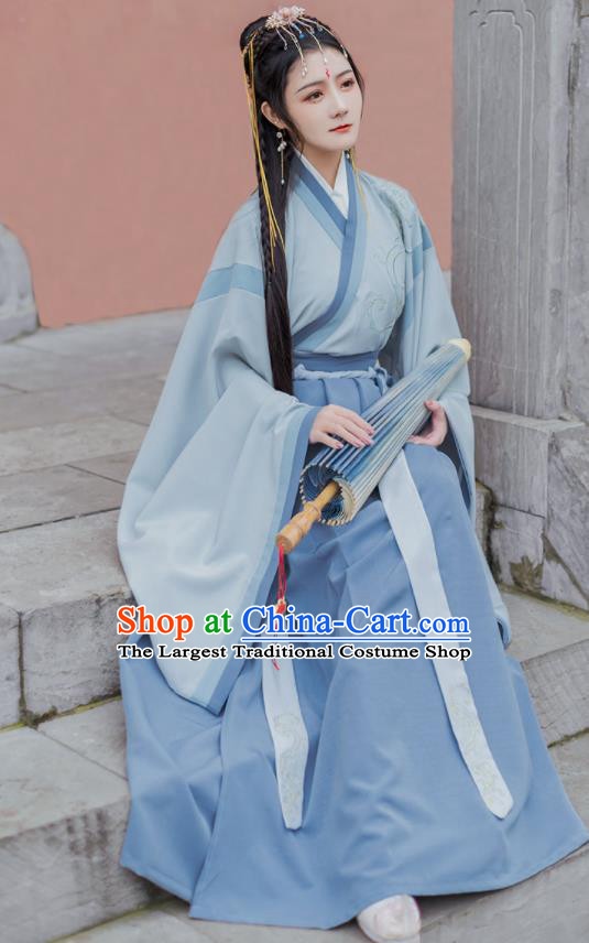Chinese Traditional Jin Dynasty Blue Hanfu Dress Ancient Female Swordsman Costumes for Women