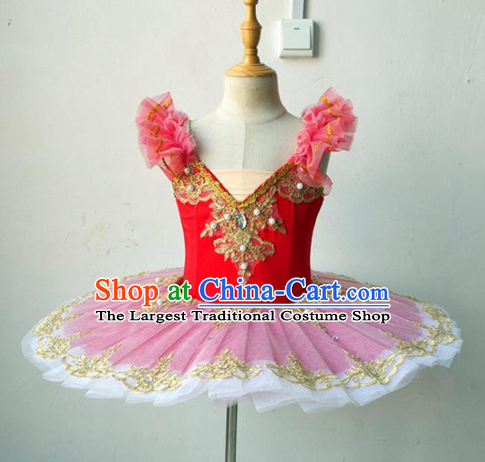 Professional Ballet Dance Tutu Red Bubble Short Dress Modern Dance Ballerina Stage Performance Costume for Kids