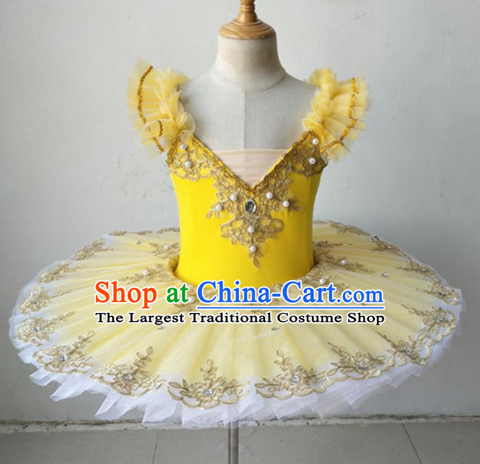 Professional Ballet Dance Tutu Yellow Bubble Short Dress Modern Dance Ballerina Stage Performance Costume for Kids