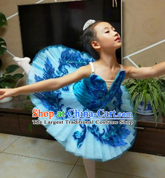 Professional Ballet Dance Blue Tutu Short Dress Modern Dance Ballerina Stage Performance Costume for Kids