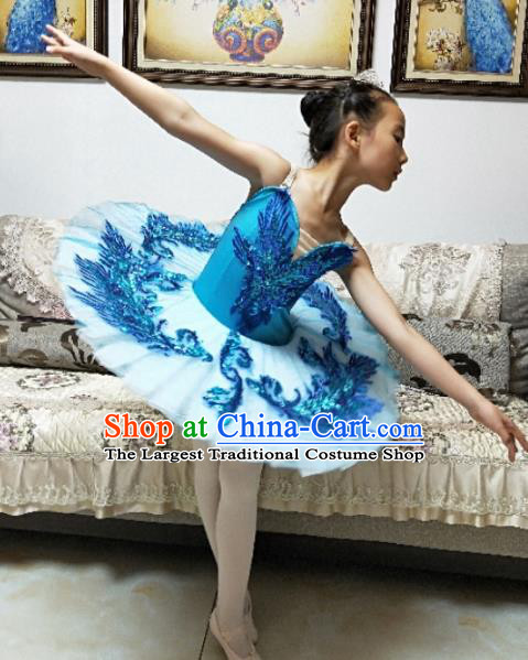 Professional Ballet Dance Blue Tutu Short Dress Modern Dance Ballerina Stage Performance Costume for Kids