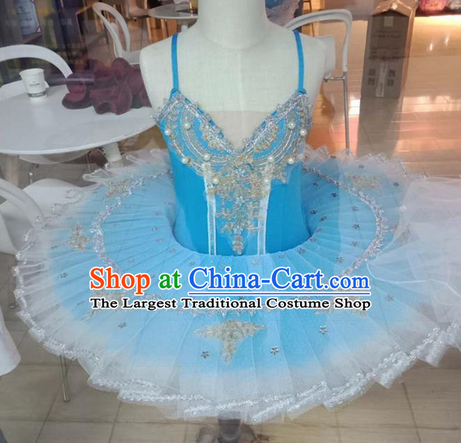 Professional Children Ballet Tutu Blue Veil Short Dress Modern Dance Ballerina Stage Performance Costume for Kids