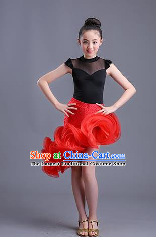 Top Professional Latin Dance Red Dress Modern Dance Stage Performance Costume for Kids