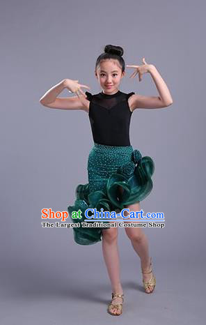 Top Professional Latin Dance Green Dress Modern Dance Stage Performance Costume for Kids