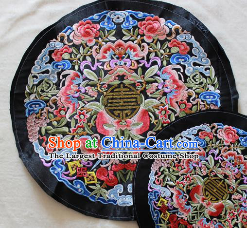 Chinese Traditional Embroidered Bats Peach Black Round Patch Embroidery Craft Embroidering Accessories