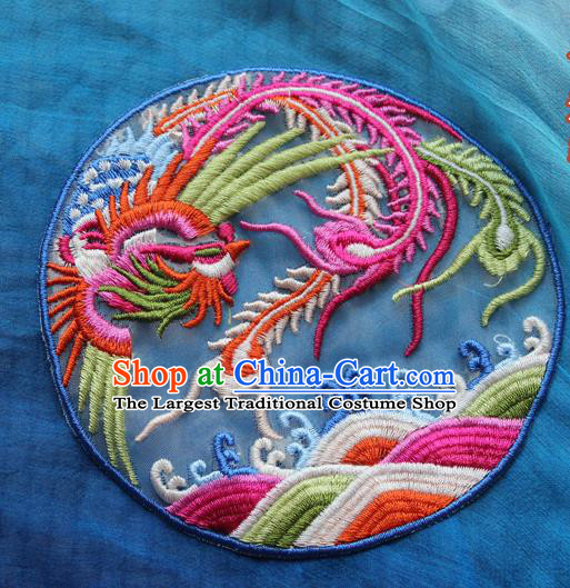 Chinese Traditional Embroidered Phoenix Blue Round Patch Embroidery Craft Embroidering Accessories