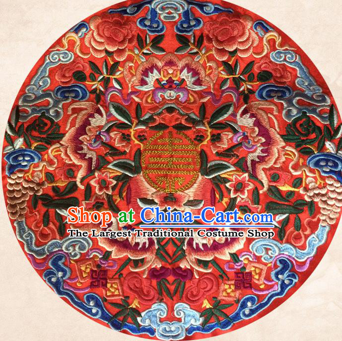 Chinese Traditional Embroidered Bats Red Round Applique Embroidery Patch Embroidery Craft Accessories