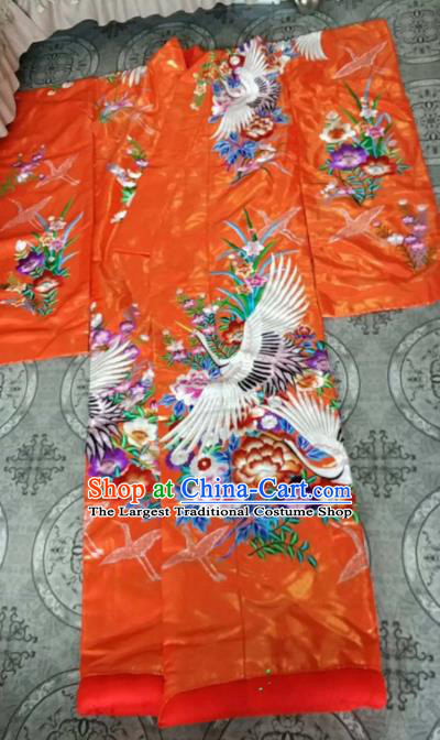 Traditional Japan Geisha Printing Crane Peony Orange Furisode Kimono Asian Japanese Fashion Apparel Costume for Women