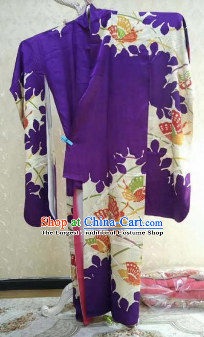 Traditional Japan Geisha Printing Butterfly Purple Furisode Kimono Asian Japanese Fashion Apparel Costume for Women