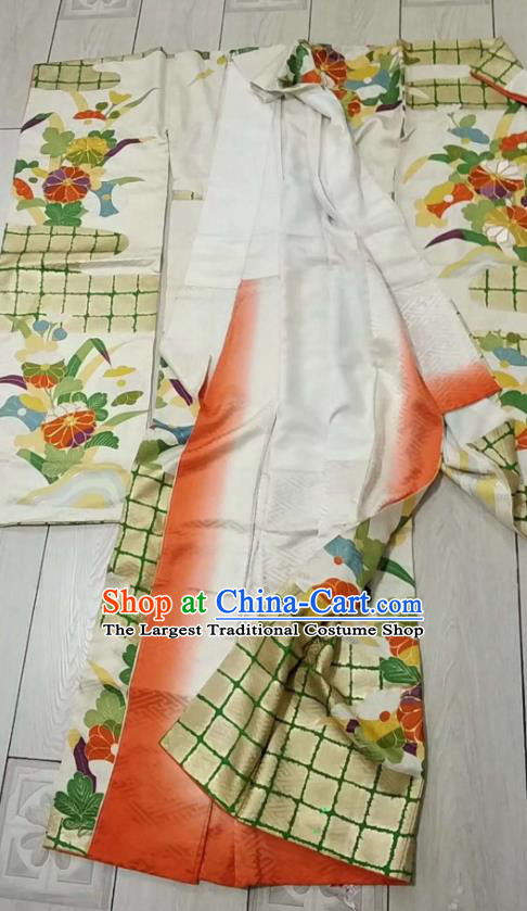 Traditional Asian Japan Geisha Clothing Japanese Fashion Apparel Printing Chrysanthemum Furisode Kimono Costume for Women