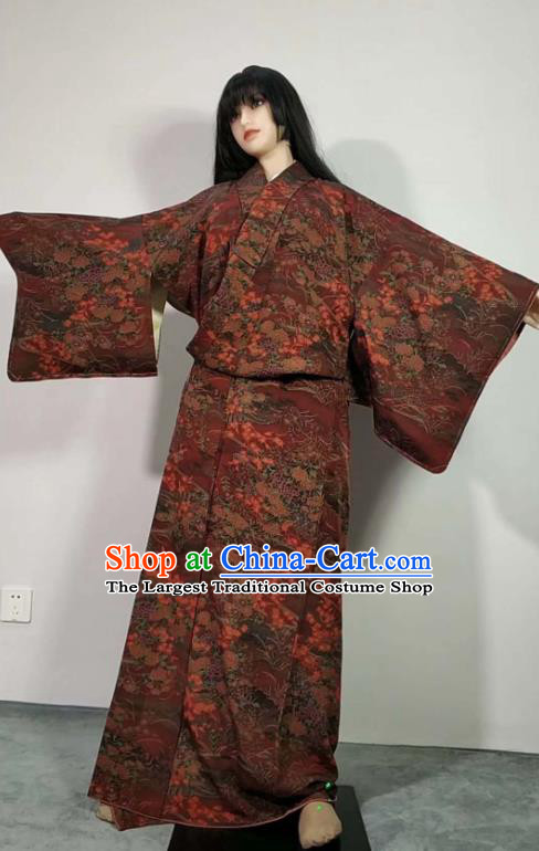 Traditional Japan Geisha Printing Maple Leaf Peony Purplish Red Furisode Kimono Asian Japanese Fashion Apparel Costume for Women