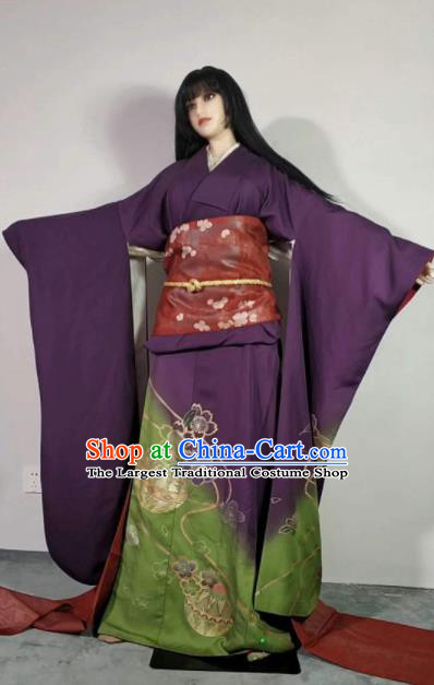 Traditional Japan Geisha Printing Sakura Purple Furisode Kimono Asian Japanese Fashion Apparel Costume for Women