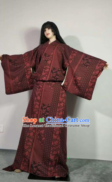 Traditional Japan Geisha Printing Rust Red Furisode Kimono Asian Japanese Fashion Apparel Costume for Women