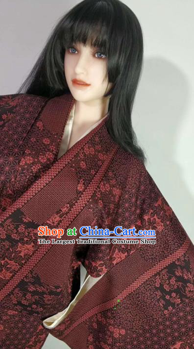 Traditional Japan Geisha Printing Rust Red Furisode Kimono Asian Japanese Fashion Apparel Costume for Women