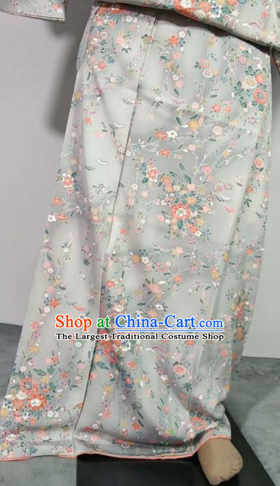Traditional Japan Geisha Printing Flowers Grey Furisode Kimono Asian Japanese Fashion Apparel Costume for Women