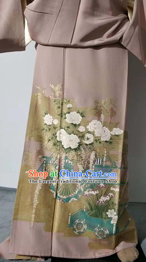 Traditional Japan Geisha Printing Peony Furisode Kimono Asian Japanese Fashion Apparel Costume for Women