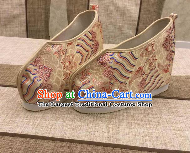 Chinese Traditional Classical Wave Pattern Golden Satin Embroidered Shoes Princess Shoes Opera Shoes Hanfu Shoes for Women