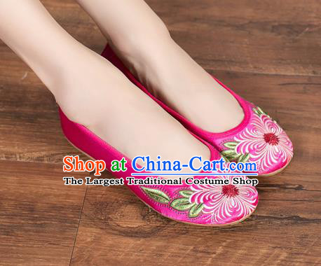 Chinese Traditional Embroidered Chrysanthemum Rosy Shoes Opera Shoes Hanfu Shoes Satin Shoes for Women