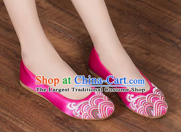 Chinese Traditional Embroidered Wave Rosy Shoes Opera Shoes Hanfu Shoes Satin Shoes for Women