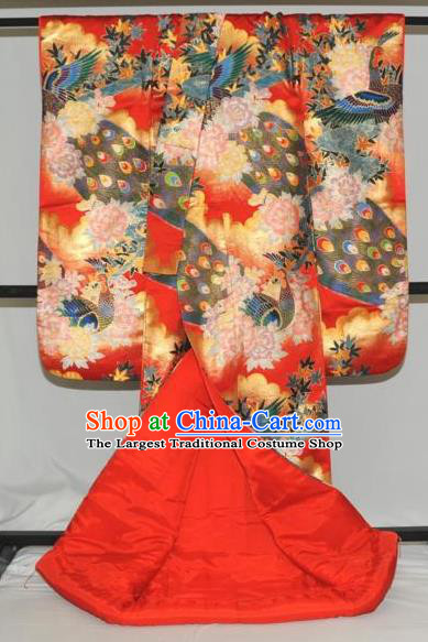 Traditional Japan Geisha Printing Peacock Peony Red Furisode Kimono Asian Japanese Fashion Apparel Costume for Women