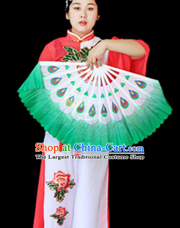 Traditional Chinese Folk Dance Green Ribbon Mulan Fan Stage Performance Yangko Dance Silk Folding Fan
