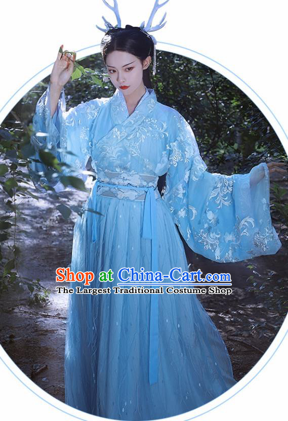 Traditional Chinese Jin Dynasty Imperial Consort Blue Hanfu Dress Ancient Nobility Lady Historical Costumes for Women