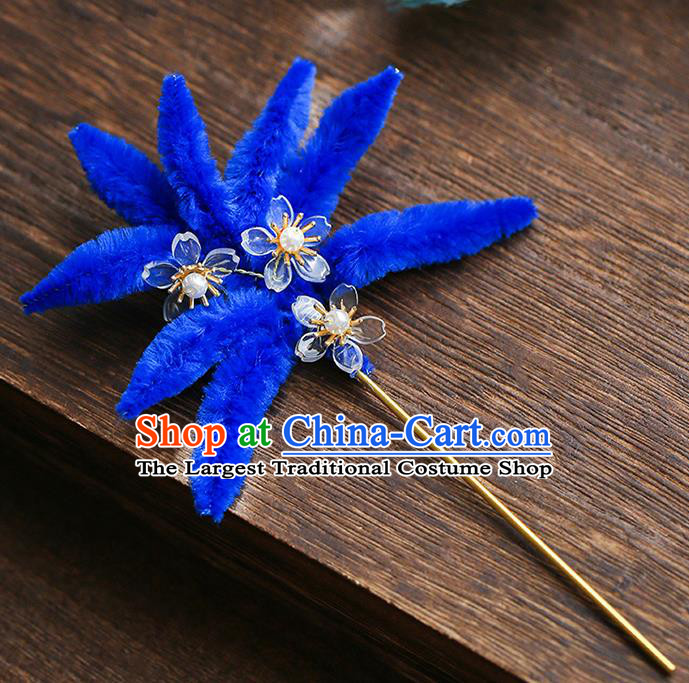 Chinese Traditional Hanfu Royalblue Velvet Hairpins Ancient Qing Dynasty Hair Accessories for Women