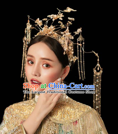 Chinese Traditional Wedding Bride Golden Pine Birds Phoenix Coronet Hairpins Hair Accessories for Women