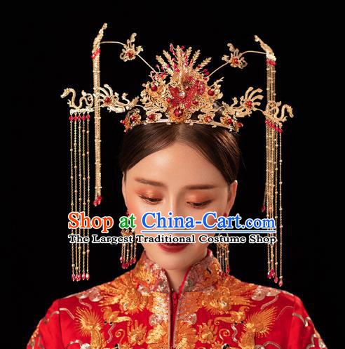 Chinese Traditional Wedding Bride Golden Dragon Phoenix Coronet Hairpins Hair Accessories for Women