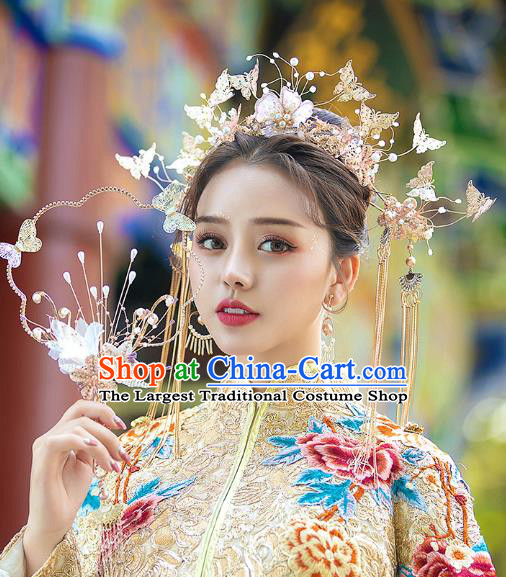 Chinese Traditional Wedding Bride Peach Butterfly Phoenix Coronet Hairpins Hair Accessories for Women