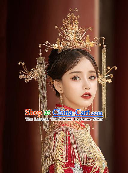 Chinese Traditional Wedding Bride Golden Tassel Phoenix Coronet and Hairpins Hair Accessories for Women