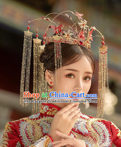 Chinese Traditional Ancient Bride Red Butterfly Tassel Phoenix Coronet Wedding Hair Accessories for Women