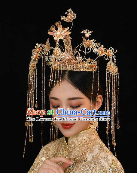 Chinese Traditional Ancient Bride Golden Butterfly Tassel Phoenix Coronet Wedding Hair Accessories for Women