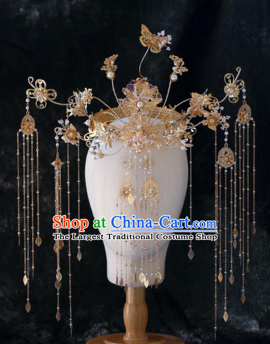 Chinese Traditional Ancient Bride Golden Butterfly Tassel Phoenix Coronet Wedding Hair Accessories for Women