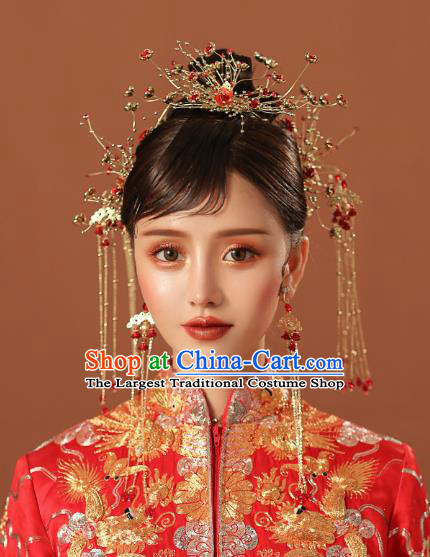 Chinese Traditional Wedding Bride Red Flower Hair Comb and Tassel Hairpins Hair Accessories for Women