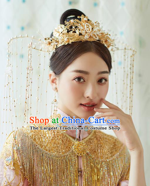 Chinese Traditional Ancient Bride Headdress Luxury Golden Tassel Phoenix Coronet Wedding Hair Accessories for Women