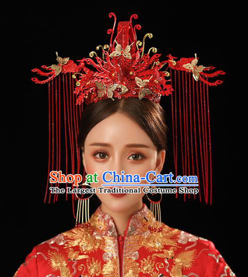 Chinese Traditional Ancient Bride Headdress Red Tassel Phoenix Coronet Wedding Hair Accessories for Women