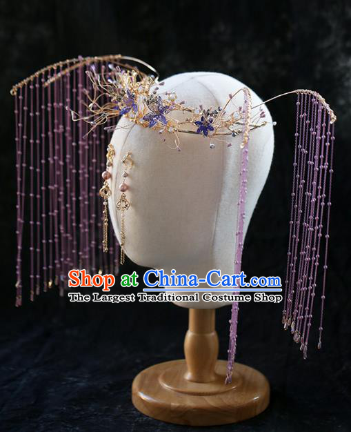 Chinese Traditional Ancient Purple Flowers Tassel Phoenix Coronet Bride Headdress Wedding Hair Accessories for Women