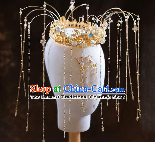 Chinese Traditional Ancient Golden Phoenix Coronet Hairpins Bride Headdress Wedding Hair Accessories for Women