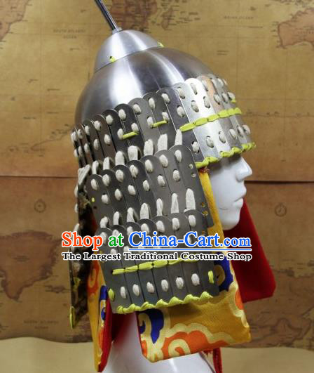 Chinese Traditional Yuan Dynasty General Argent Helmet Ancient Soldier Hat Headwear for Men